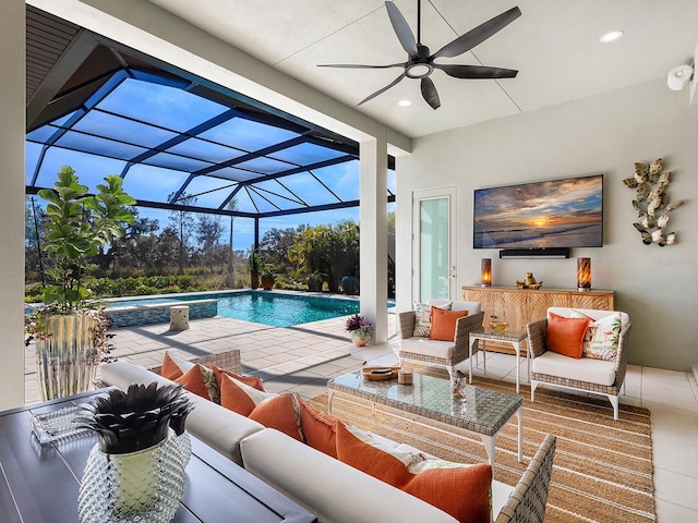 view of swimming pool with ceiling fan