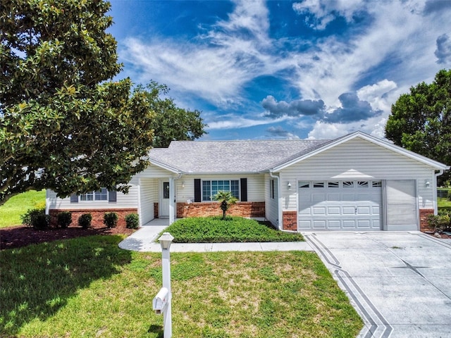 single story home with a front yard and a garage