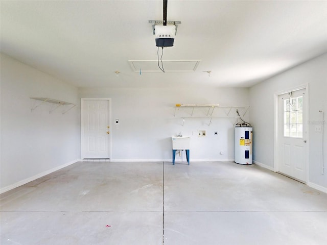 garage with water heater and a garage door opener