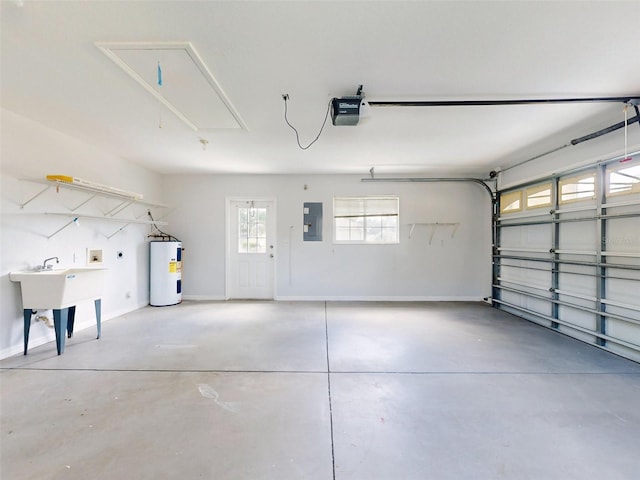 garage with electric panel, a garage door opener, and electric water heater