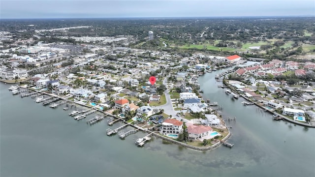 bird's eye view with a water view