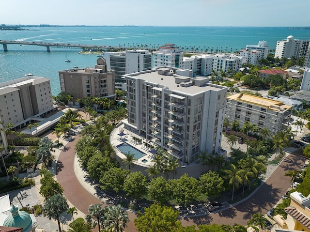 drone / aerial view with a water view