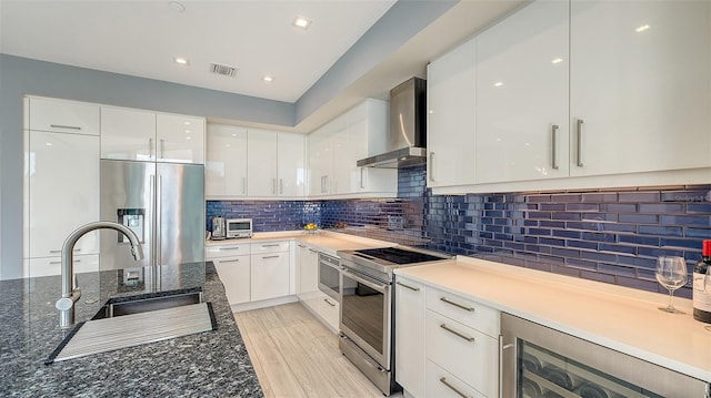 kitchen featuring appliances with stainless steel finishes, white cabinets, sink, and wall chimney exhaust hood