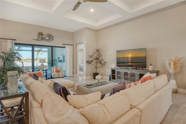 living room featuring a high ceiling, coffered ceiling, ceiling fan, and beamed ceiling