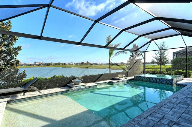 view of swimming pool featuring a water view, an in ground hot tub, and a lanai