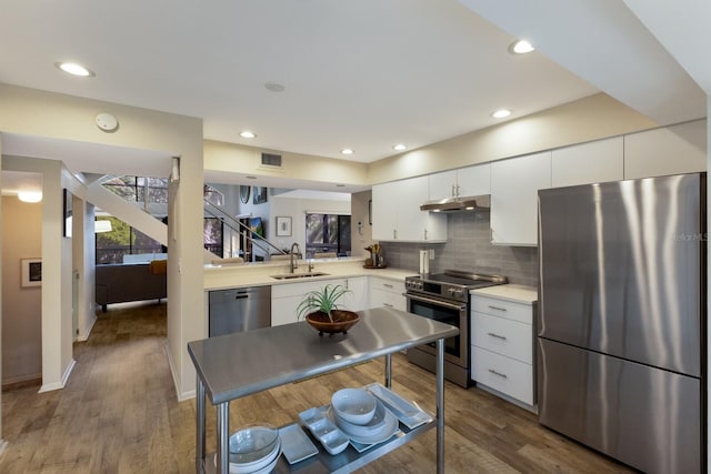 kitchen with backsplash, white cabinetry, dark hardwood / wood-style flooring, and stainless steel appliances