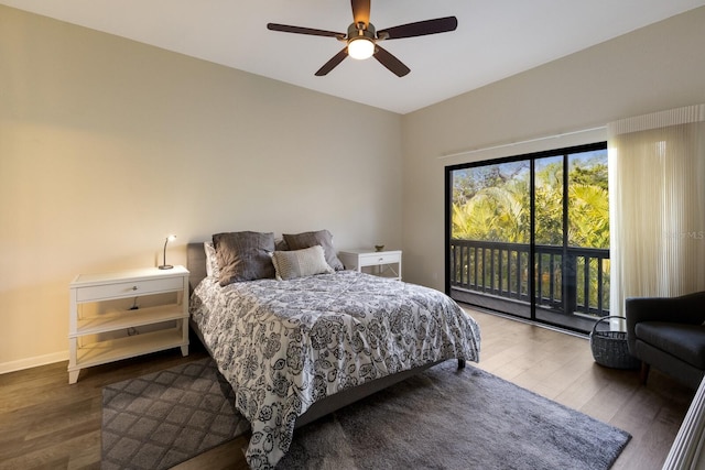 bedroom with ceiling fan, dark hardwood / wood-style flooring, and access to outside