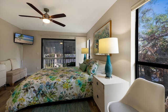 bedroom with ceiling fan, access to exterior, and dark hardwood / wood-style floors