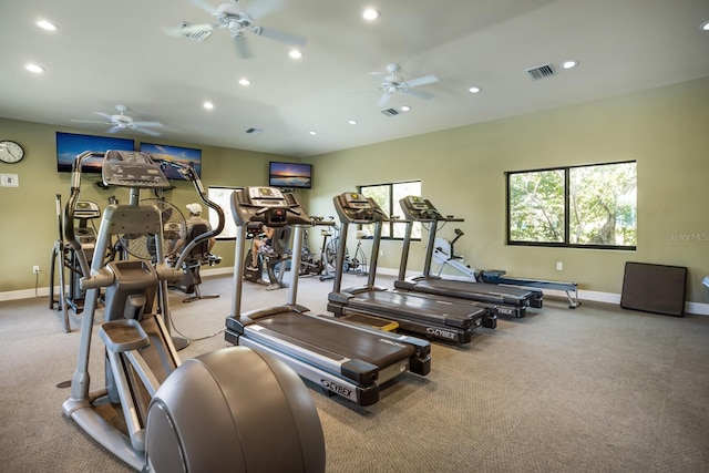 workout area with ceiling fan