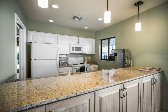 kitchen featuring decorative light fixtures, white cabinets, light stone counters, and white appliances