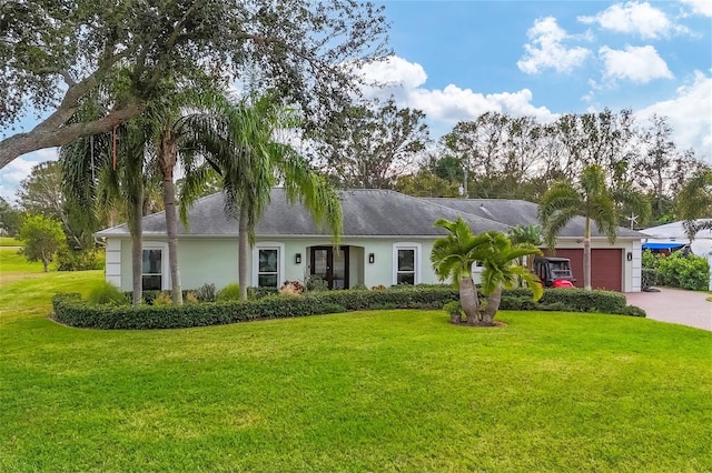 single story home featuring a garage and a front yard