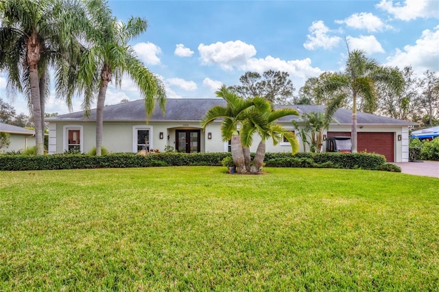 single story home featuring a front yard and french doors