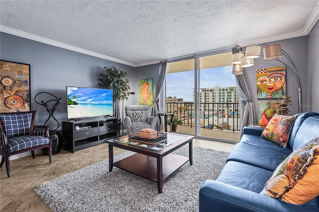 living room featuring a textured ceiling, floor to ceiling windows, and ornamental molding