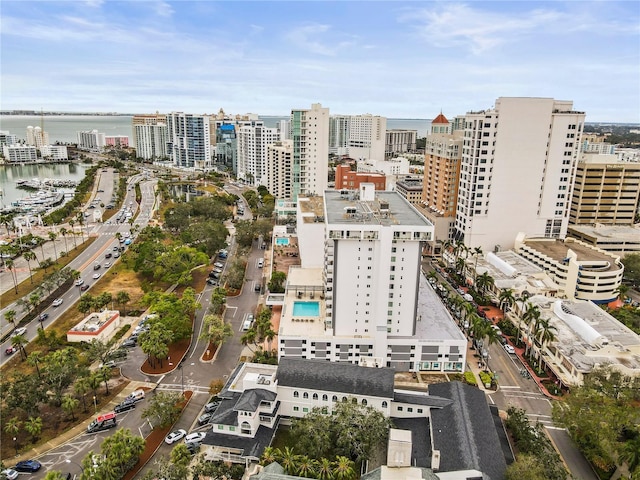 drone / aerial view featuring a water view