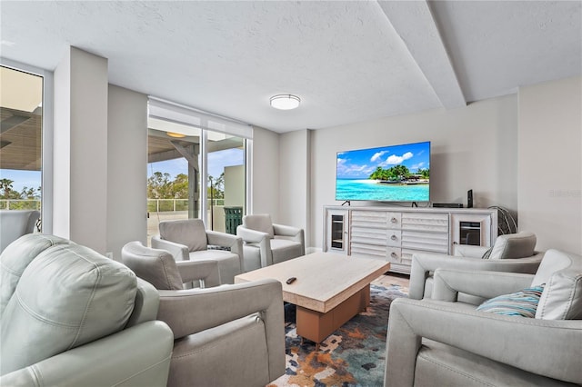 living room with a textured ceiling