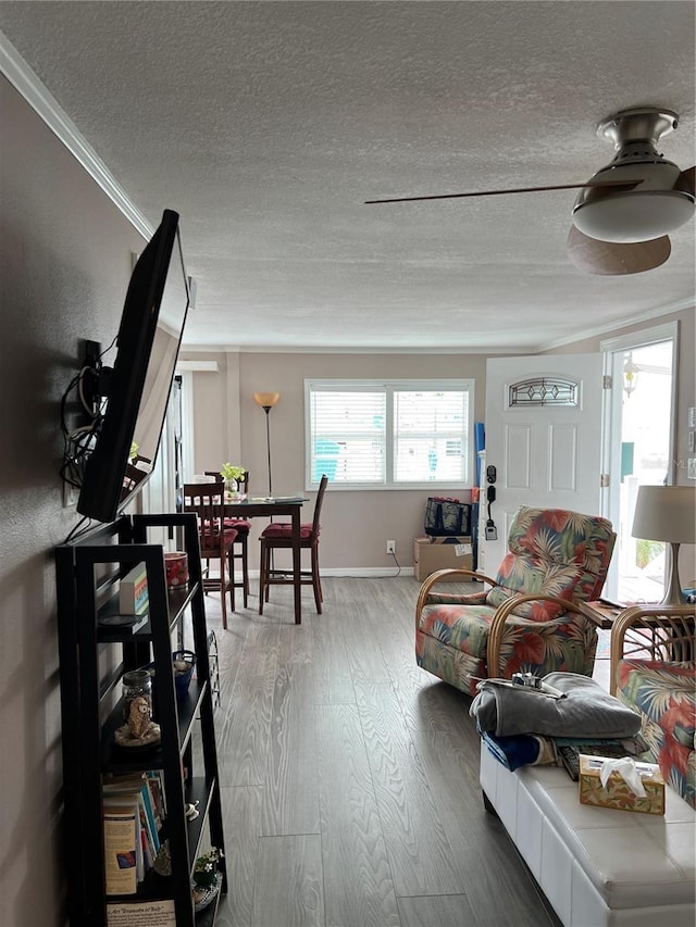 living room with hardwood / wood-style flooring, ornamental molding, and a textured ceiling