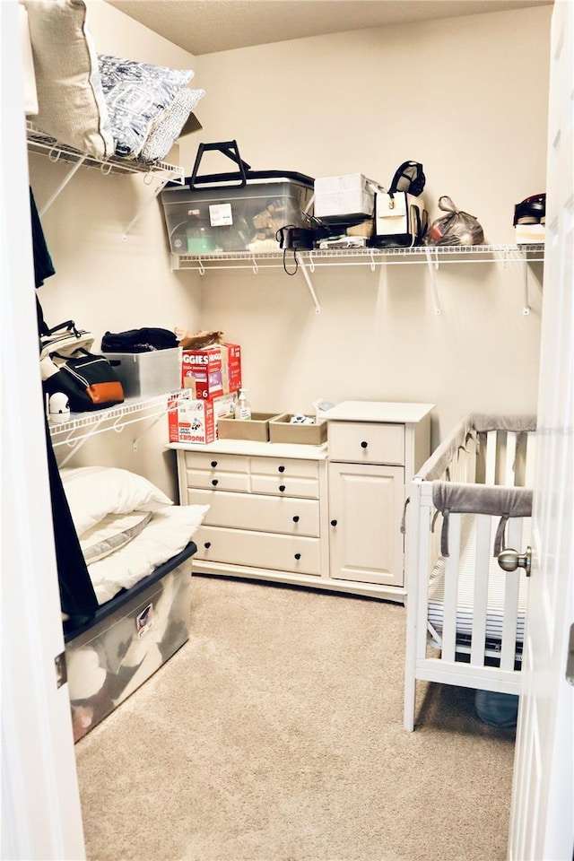 spacious closet featuring light carpet