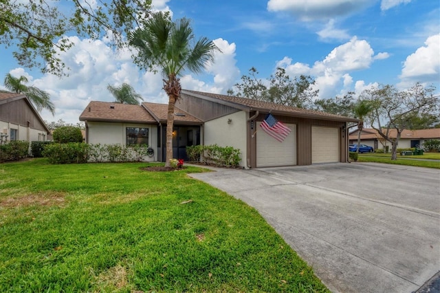 ranch-style house with a front lawn and a garage