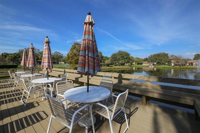 deck featuring a water view