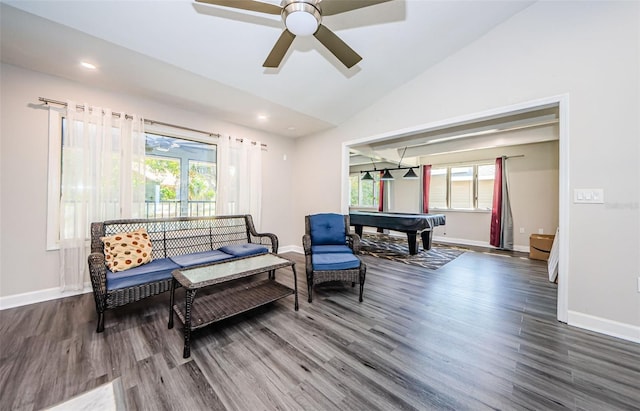 living area featuring dark wood-type flooring, lofted ceiling, and billiards