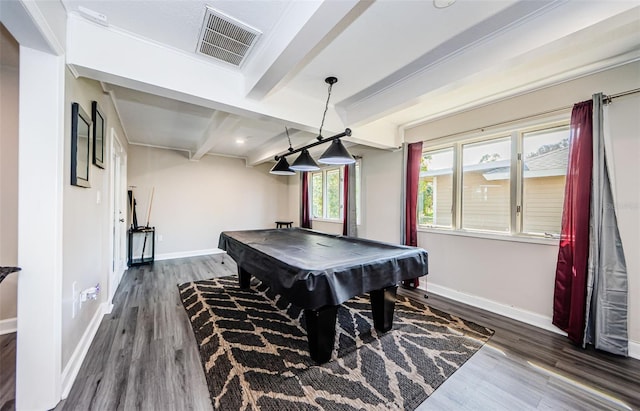 rec room with beam ceiling, dark wood-type flooring, and pool table