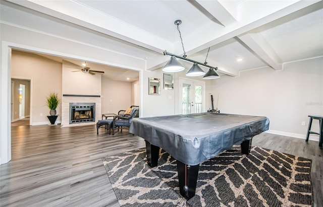 rec room with wood-type flooring, beam ceiling, french doors, and billiards