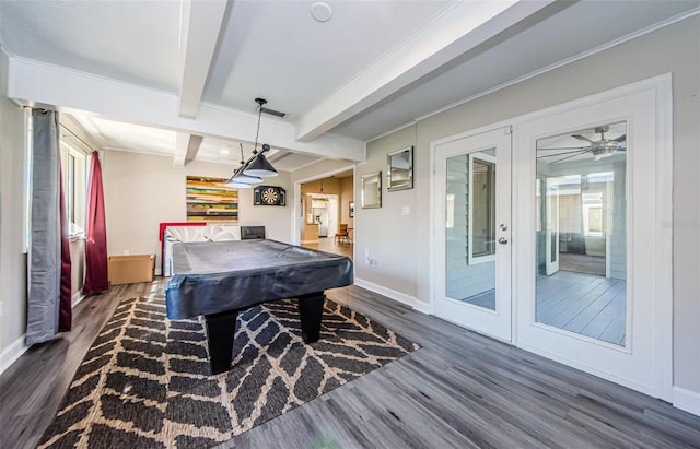 game room with beamed ceiling, french doors, dark hardwood / wood-style floors, and pool table