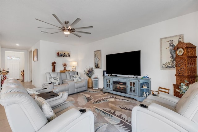 living room featuring ceiling fan