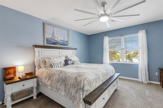 bedroom featuring ceiling fan and carpet