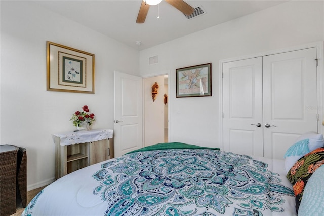 bedroom with ceiling fan and a closet