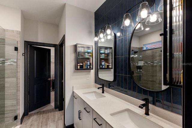 bathroom featuring a shower with shower door and vanity