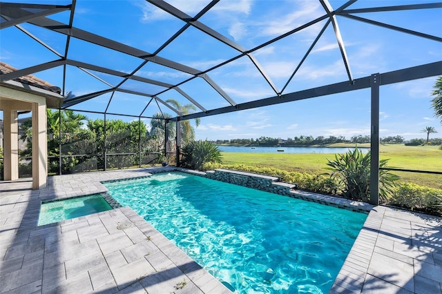 view of pool featuring a lanai, a water view, and a patio