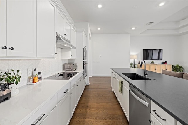 kitchen with white cabinetry, appliances with stainless steel finishes, dark hardwood / wood-style floors, backsplash, and sink