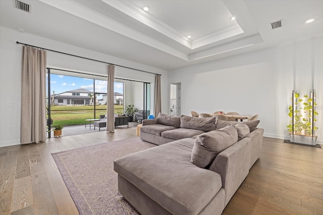 living room featuring a raised ceiling, wood-type flooring, and ornamental molding