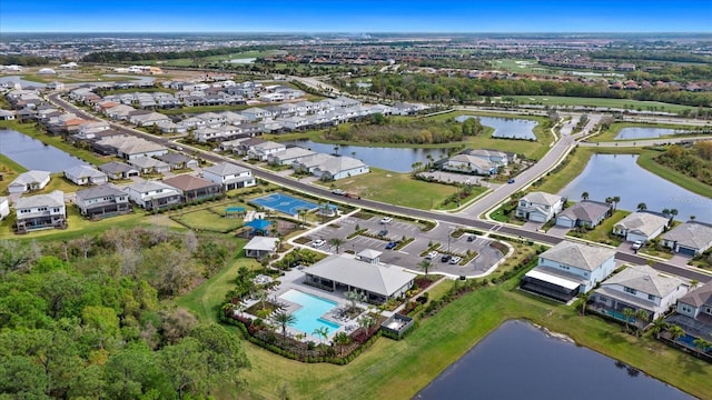 drone / aerial view with a water view