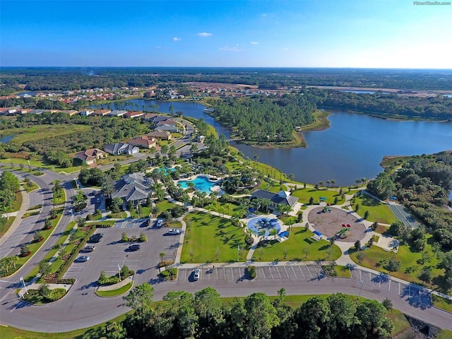 drone / aerial view with a water view