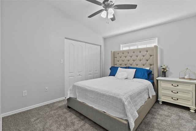 carpeted bedroom with lofted ceiling, ceiling fan, and a closet