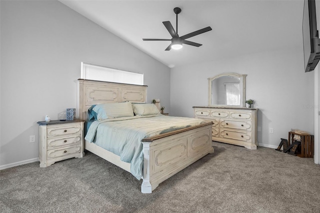 bedroom with vaulted ceiling, ceiling fan, and dark colored carpet