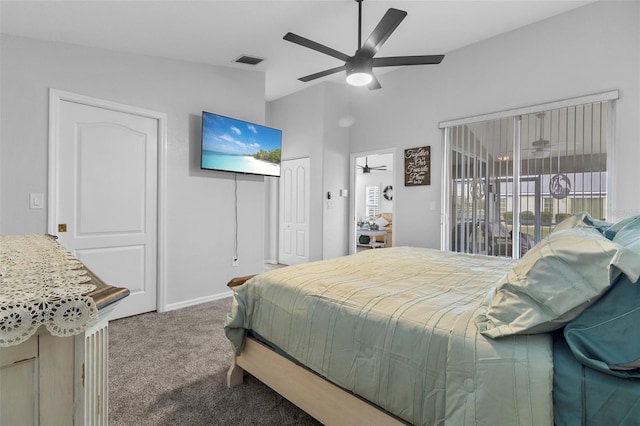 carpeted bedroom with vaulted ceiling, access to outside, and ceiling fan