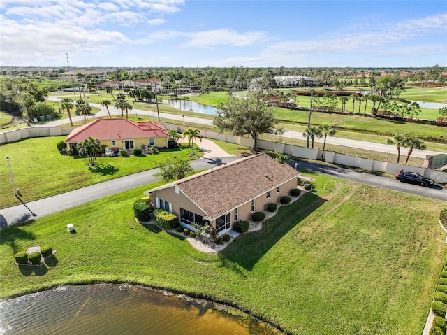 bird's eye view with a water view