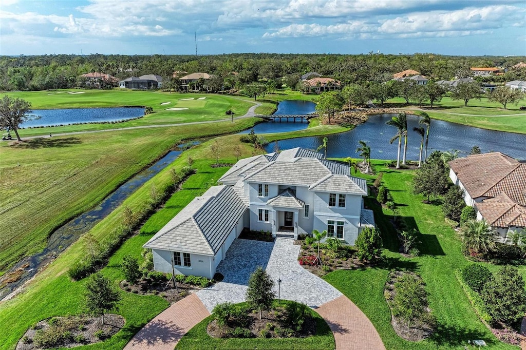 drone / aerial view featuring a water view