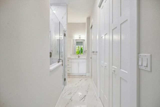 bathroom featuring vanity and a shower with door