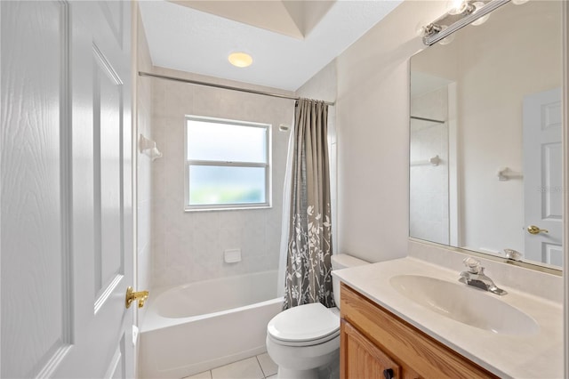 full bathroom featuring vanity, toilet, shower / tub combo, and tile patterned flooring