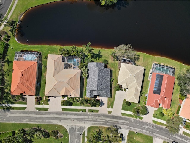 drone / aerial view featuring a water view