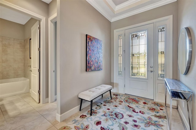 entrance foyer with crown molding, light tile patterned floors, and a wealth of natural light