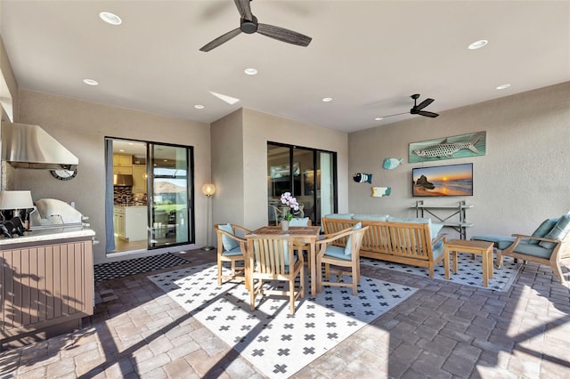 view of patio featuring area for grilling, an outdoor hangout area, and ceiling fan