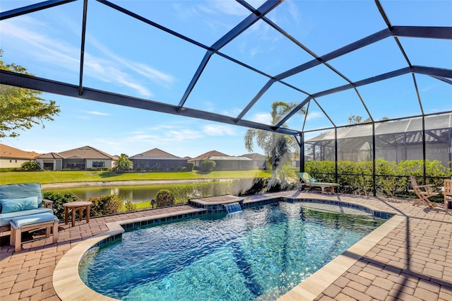 view of pool featuring a water view, pool water feature, a lanai, and a patio