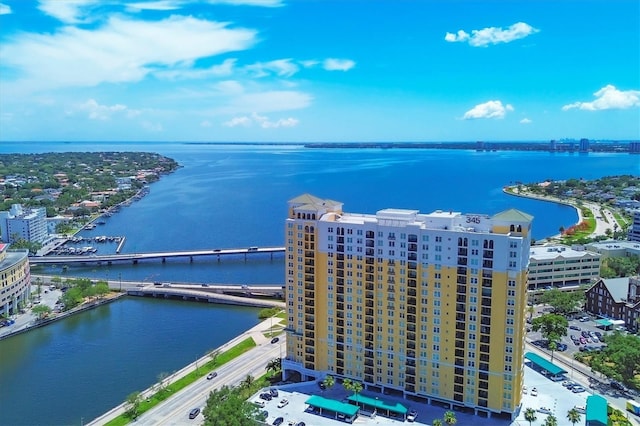 drone / aerial view with a water view