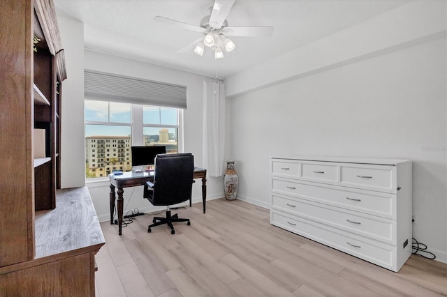 office with ceiling fan and light hardwood / wood-style flooring