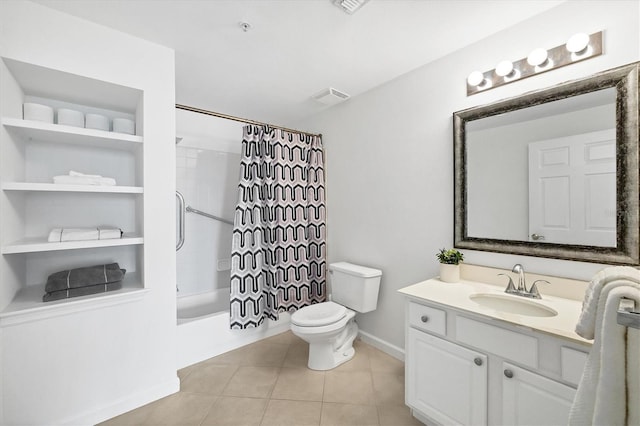 full bathroom featuring toilet, shower / bath combo with shower curtain, tile patterned floors, and vanity